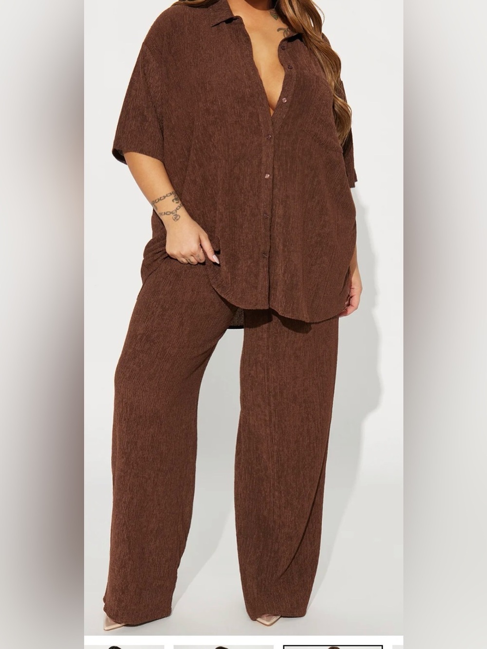 Plus-Size Relaxed Button-Down Shirt & Wide Leg Pants Set - Brown Size 3X - Picture 3 of 5